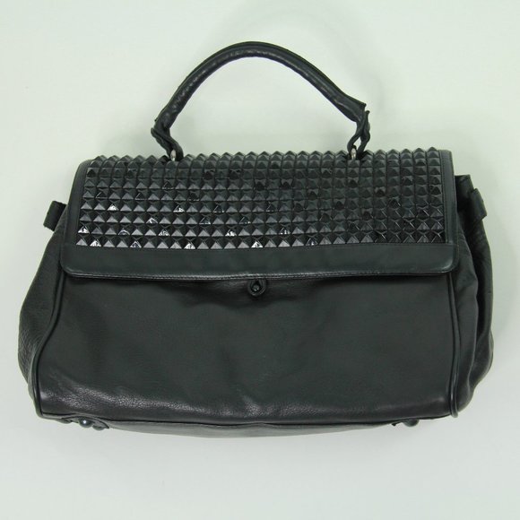 Black Leather Studded Cassandra Los Angeles Satchel - Picture 1 of 7